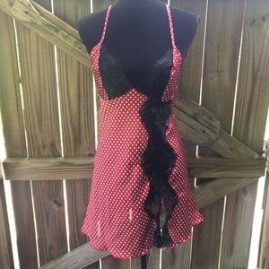 Fredericks of Hollywood Nicole Spot Red Chemise White Polka Dots & Black Lace M